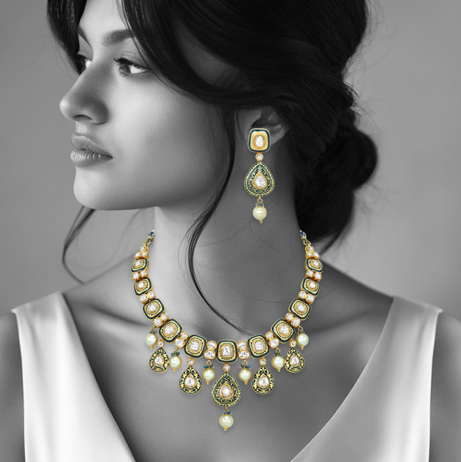 Black Inlay Polki Set with Green Enamel and Pearl Drops